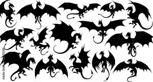 a variety of dragon silhouettes, mythical creatures, black color, vector

