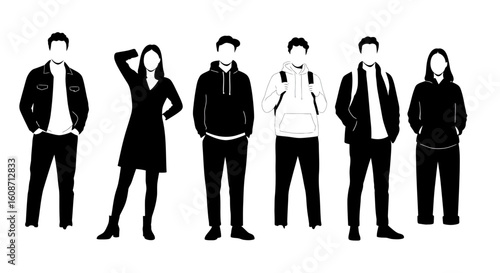 Group of Young People Standing Together in Silhouette Style