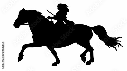 Silhouette of a woman riding a horse with flowing mane and tail in a side view full body shot