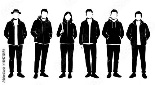 Group of People Wearing Jackets in Black Silhouette Style