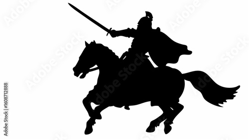 Silhouette of a knight riding a horse and raising a sword in the air in a powerful and heroic pose