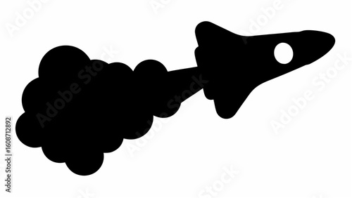 Black silhouette of a rocket ship with a cloud of smoke trailing behind it on a white background
