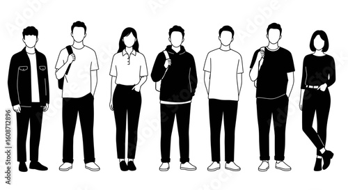 Diverse Group of Students Standing Together in Black and White Silhouette