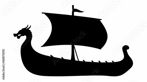 Silhouette illustration of a viking longship with a dragon head and a single sail on white background