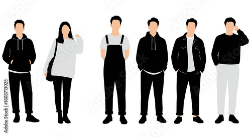 Diverse group of young adults standing together in a row silhouette