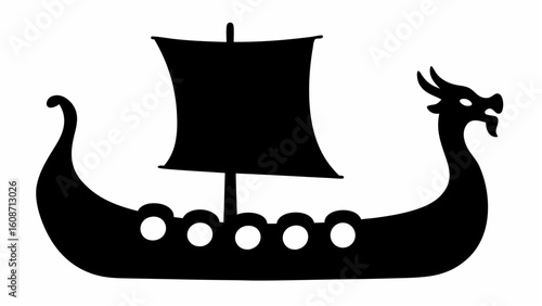 Silhouette of a viking ship with a dragon head prow and a single sail on a white background image