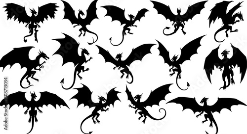 a variety of dragon silhouettes, mythical creatures, black color, vector

