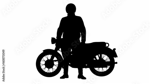 Silhouette of a person standing next to a motorcycle with visible wheels and frame in black and white