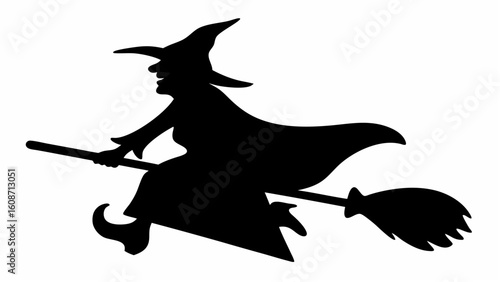 Silhouette of a witch flying on a broomstick with pointed hat and cloak against a white background scene