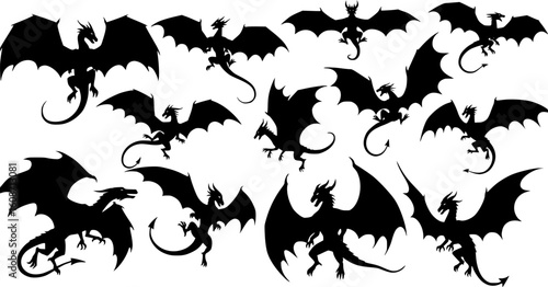 a variety of dragon silhouettes, mythical creatures, black color, vector

