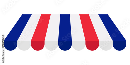 Striped Red White Blue Awning Tent Vector. Sunshade Canopy for Storefront Market Cafe or Carnival. Outdoor Roof Element for Festival Booth or Food Stand.