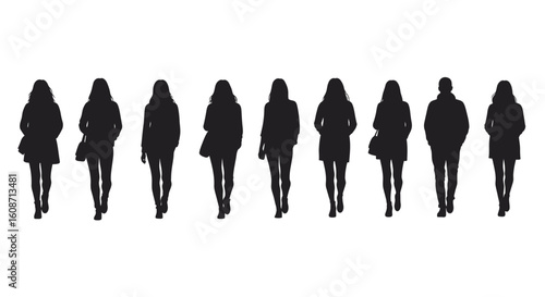 Five women walking forward in a row silhouette