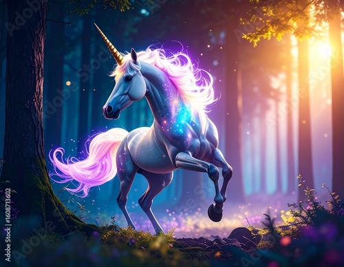 魔法の森を雄大に飛ぶユニコーン