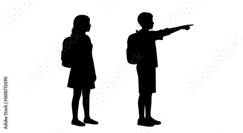 Two Students with Backpacks Silhouette Isolated on White Background silhouette
