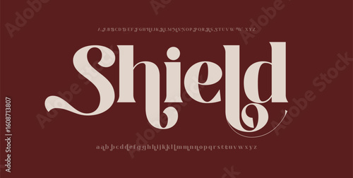 Shield Classy elegant font, vintage type or luxury premium typeface, vector English royal alphabet. Classic typography in modern or old art deco style, serif letters for modern or retro poster font