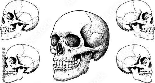 Striking skull illustration showcasing anatomical detail for tattoo designs and gothic projects using editable vector art