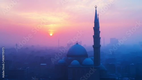 Mosque towers above misty cityscape sunrise
