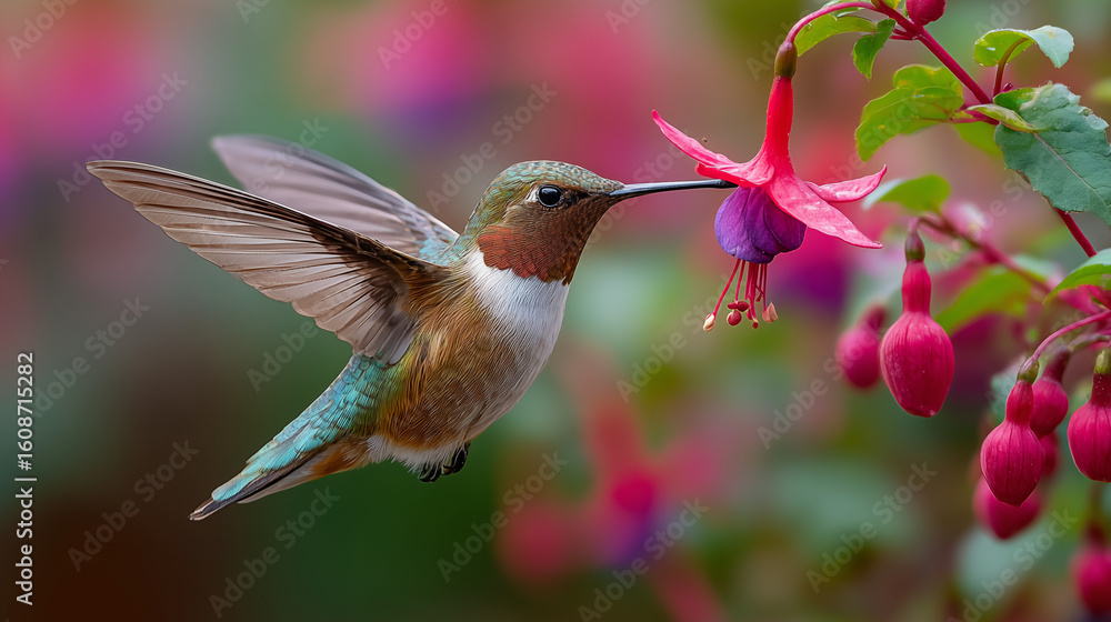 Fototapeta premium Hummingbird Feeding from Bright Pink Flower in Midair Flight