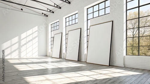 Daylit gallery room with three tall blank posters leaning on a white wall, intersected by window shadows across the floor.