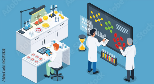 Isometric Vector Illustration of Three Male Scientists Conducting Modern Laboratory Research with Interactive Screen and Scientific Equipment