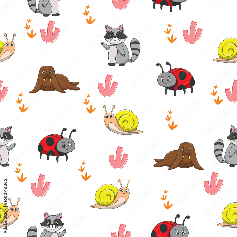 Obraz premium Cute wild animals seamless pattern for baby shower decor, nursery print, kindergarteen wallpaper, fabric, and textile. Vector illustration