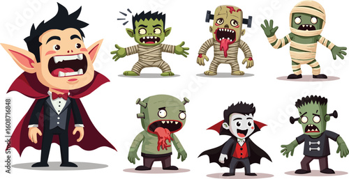 Cartoon vampire with sharp fangs and a cape, mummy wrapped in tattered bandages, zombie with exposed flesh and a groaning expression, and Frankenstein character with bolts on his neck