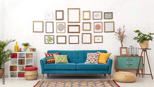 Eclectic living room with a gallery wall of empty frames above a blue couch, vibrant cushions, and wooden furniture.