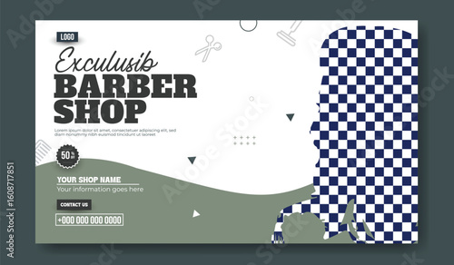 Modern Barber Shop Advertisement Template with Man Silhouette and Geometric Elements