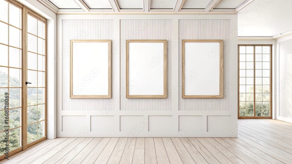 Fototapeta premium Neutral-toned wall with three rectangular blank frames in a row, softly lit with white and light wooden accents.
