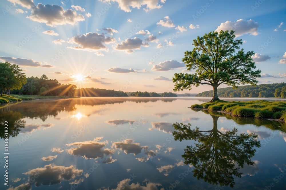 Obraz premium Landscape of still Lake with Perfect Tree Reflection at the sunrise or sunset