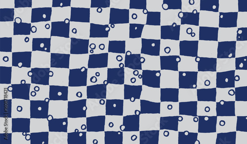 A whimsical, hand drawn checkerboard pattern in deep blue and light grey, dotted with playful, imperfect white circles. Ideal for quirky and organic design projects.