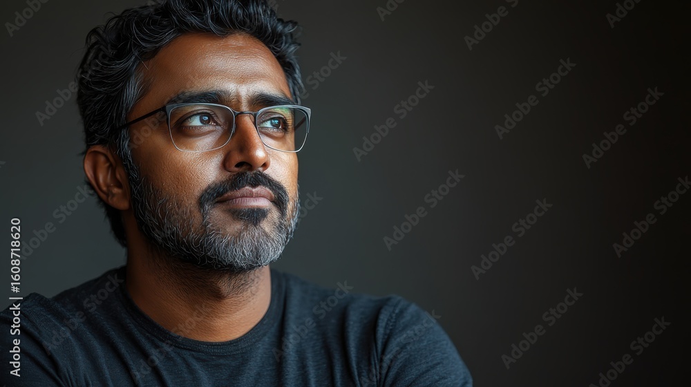 Obraz premium A thoughtful man with glasses gazes into the distance, reflecting on ideas or experiences.