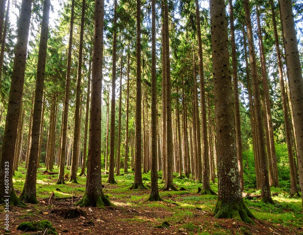 Naklejka premium Sun-dappled forest floor, tall, slender evergreens