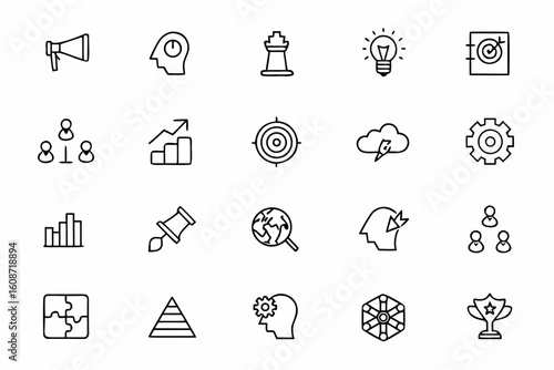 A smartly curated strategy bundle illustrating concepts like goals, planning, success, and direction in crisp single-line illustrations. Perfect for digital agencies, corporate visuals, and business i