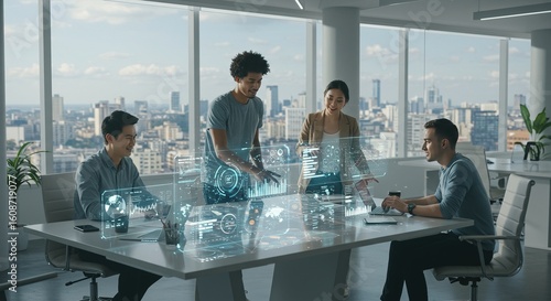 Dynamic team collaborates using futuristic holographic interface in a modern office with city views