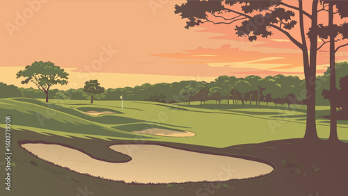 A picturesque golf course with sand traps, trees, and a flag under a colorful sky