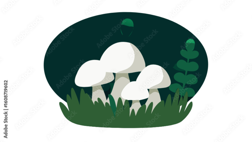 Illustration of three white mushrooms with green grass and dark green background oval Illustration of three white mushrooms with green grass and dark green background oval