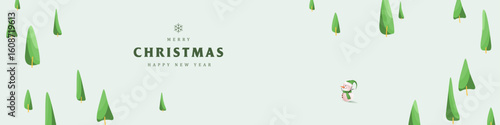 Minimal christmas greeting landscape banner with snowman and pine trees on white background for winter holiday season