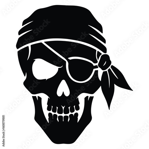 Black and white illustration of a pirate skull with bandana and eye patch