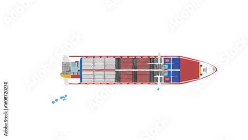 Aerial view of a cargo ship with containers and a red deck on a white background space