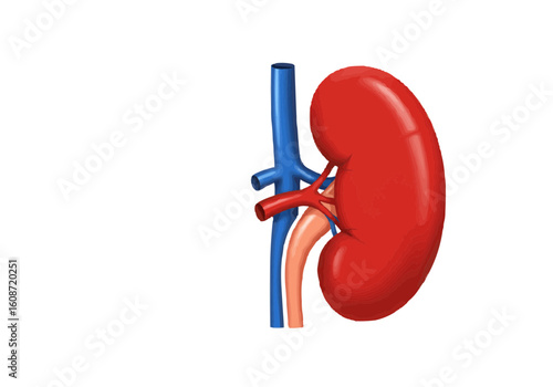 Illustration of a red kidney with blue and peach vessels on a white background in anatomical detail