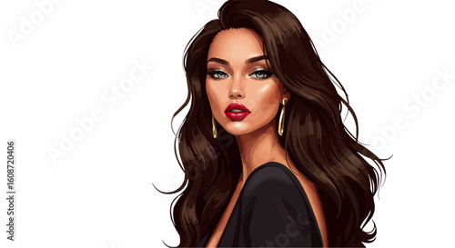 Portrait of a woman with long brown hair wearing a black dress and gold earrings looking at the viewer