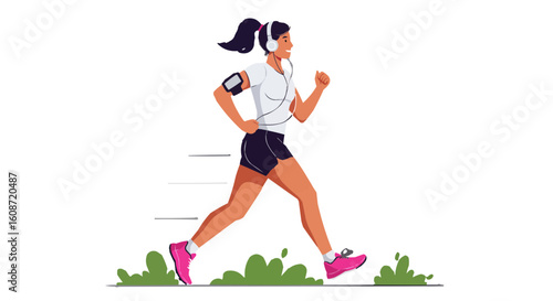 Illustration of a woman jogging with headphones and phone armband on a white background outdoor run
