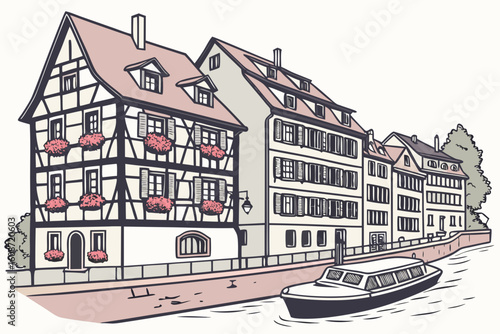 Strasbourg Petite France with half-timbered houses, flower-filled balconies, and boats drifting along picturesque canals, modern flat illustration style