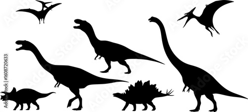 dinosaurs silhouettes, various species, including Tyrannosaurus Rex, Triceratops, Stegosaurus, Pterodactyl, and Brachiosaurus, black and white