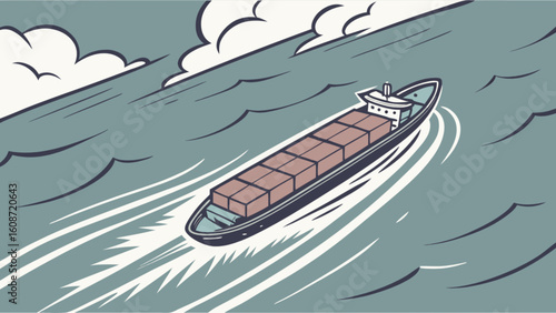 Illustration of a cargo ship sailing on the sea with containers and cloudy sky above it