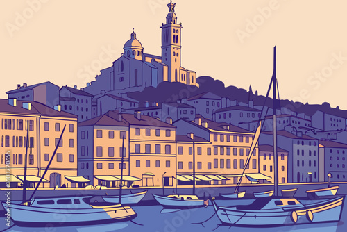 Marseille Old Port at dusk with fishing boats, seafood restaurants glowing under lanterns, and the Basilica of Notre-Dame de la Garde on the hill, modern flat illustration style