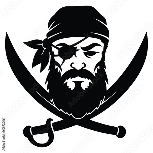 Black and white pirate logo with eye patch beard and crossed swords illustration