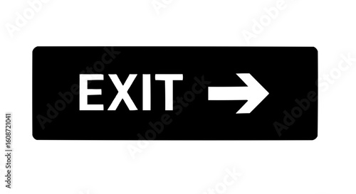 A black exit sign with white text and arrow pointing to the right indicating the exit direction