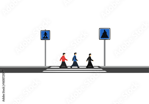 Three people walking across a zebra crossing between two pedestrian crossing signs on a white background